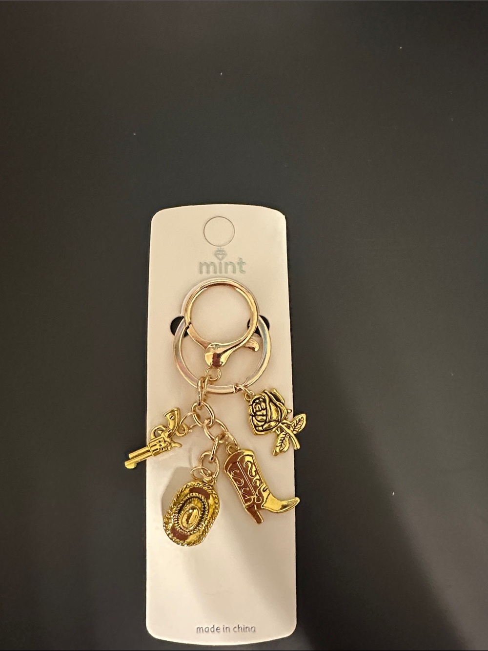 Mint Gold Western Charm Keyring with Rose, Boot, Hat & Pistol